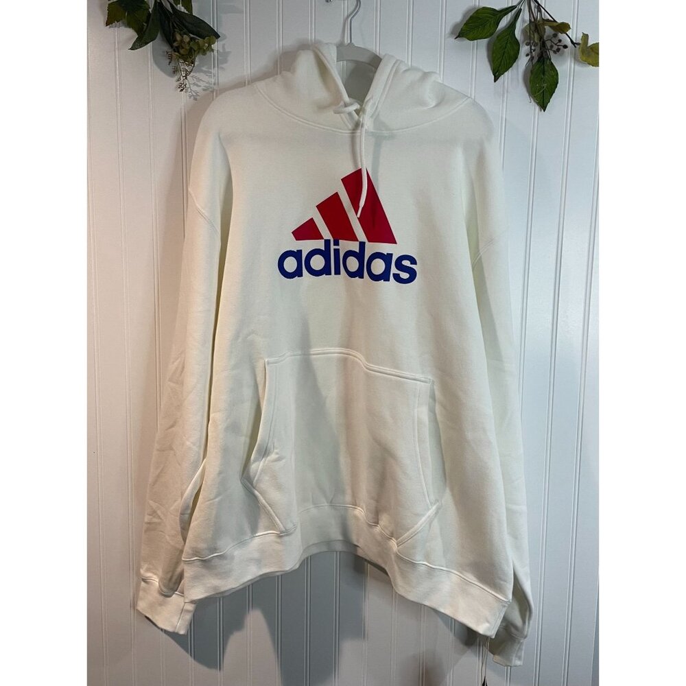Adidas Mens 2XL Two-Tone Hooded Sweatshirt White With Red & Blue Logo